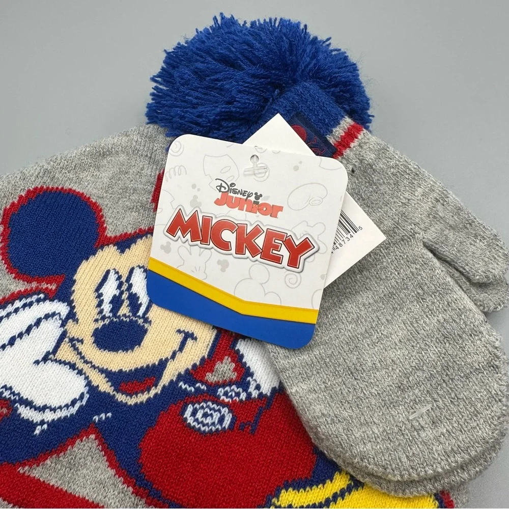 Disney Mickey Mouse Toddler Winter Hat & Mittens Set One Size Grey Blue Red